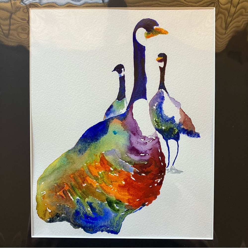 Watercolor Wall Art Geese Animal Painting Framed in Acid Free Art Kit, 11x14"